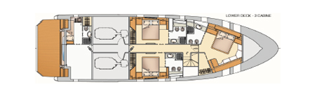 Versione con 3 cabine doppie o matrimoniali più 2 posti letto per equipaggio