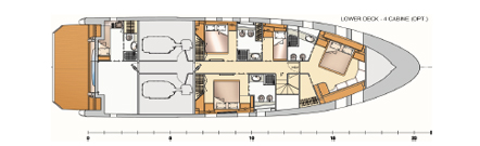 Versione con 4 cabine doppie o matrimoniali più 2 posti letto per equipaggio